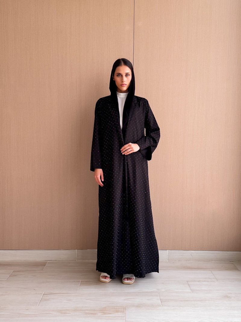 Round Neck Straight Cut- RETRO Silver Stones on Black Abaya
