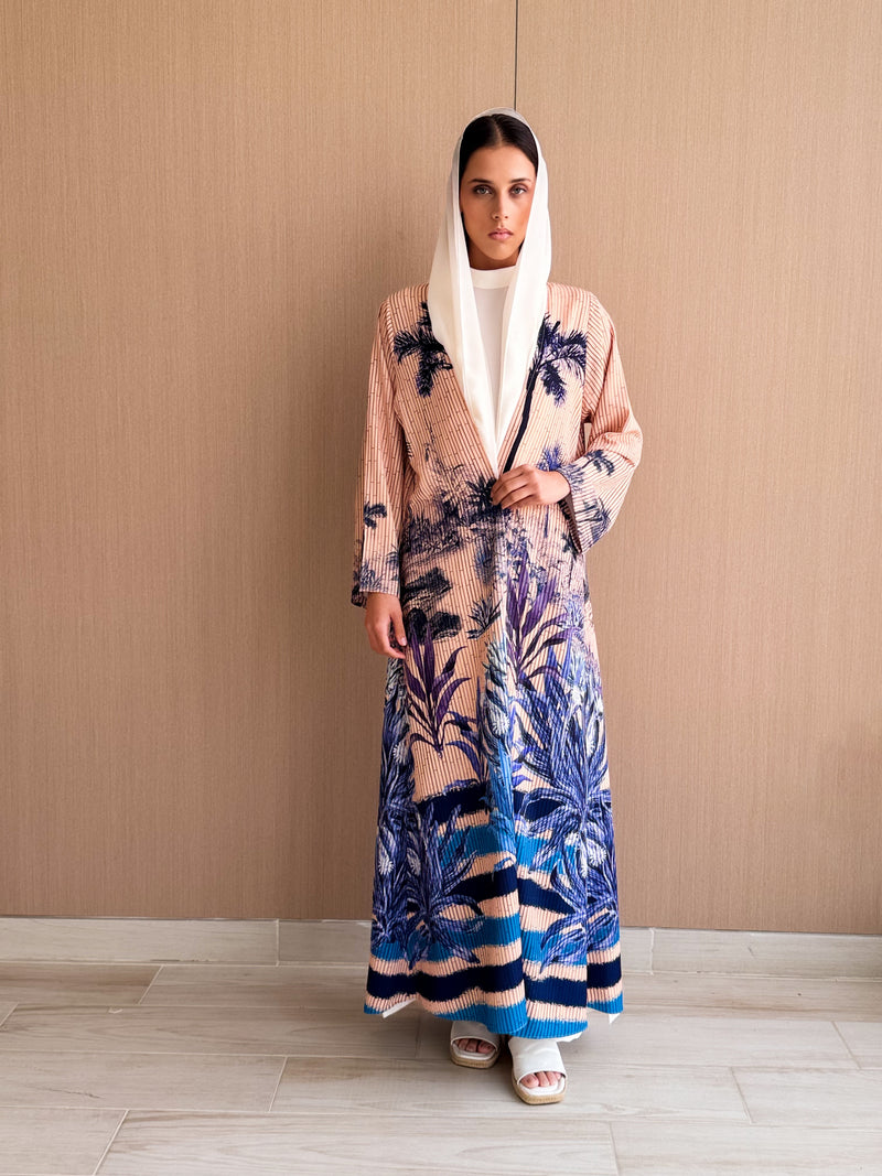V Neck Straight Cut Abaya in Digital Palm Tree With Stripes