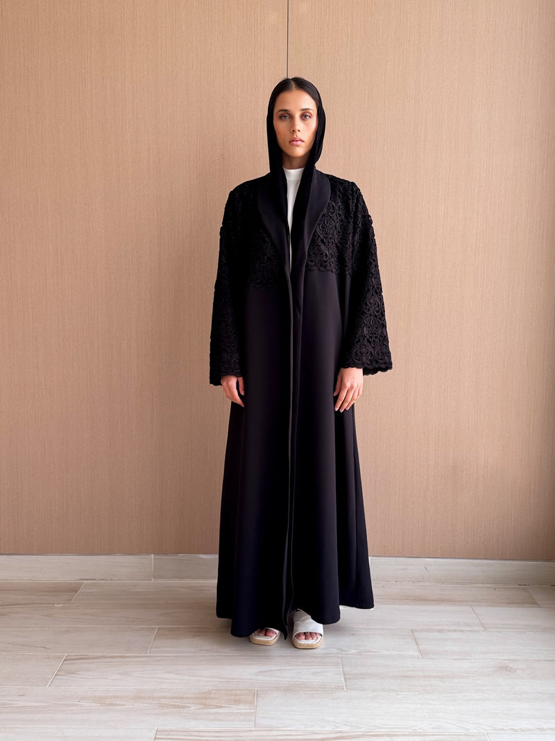 Straight Cut Black Abaya - Dantil Lace Panel