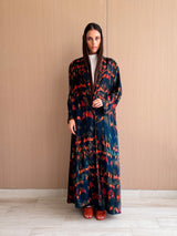 Zainah Cut Abaya in Dark Green Birds Print Texture Pure Silk