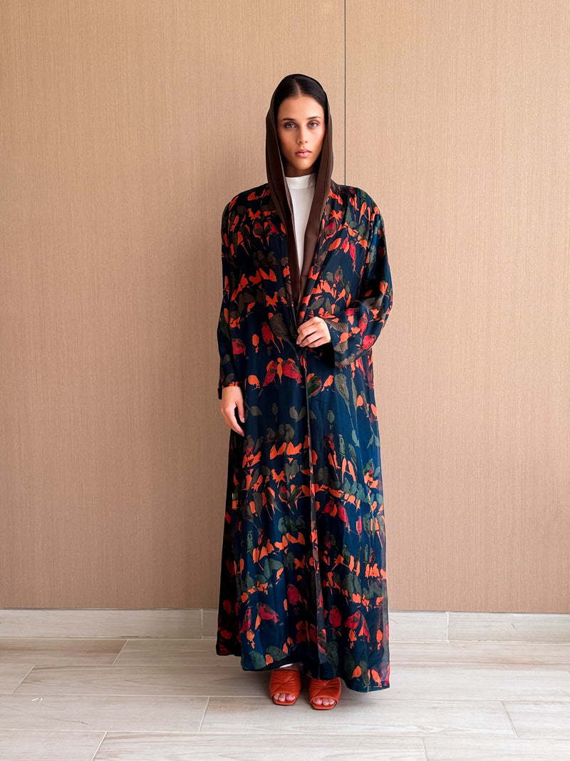 Zainah Cut Abaya in Dark Green Birds Print Texture Pure Silk
