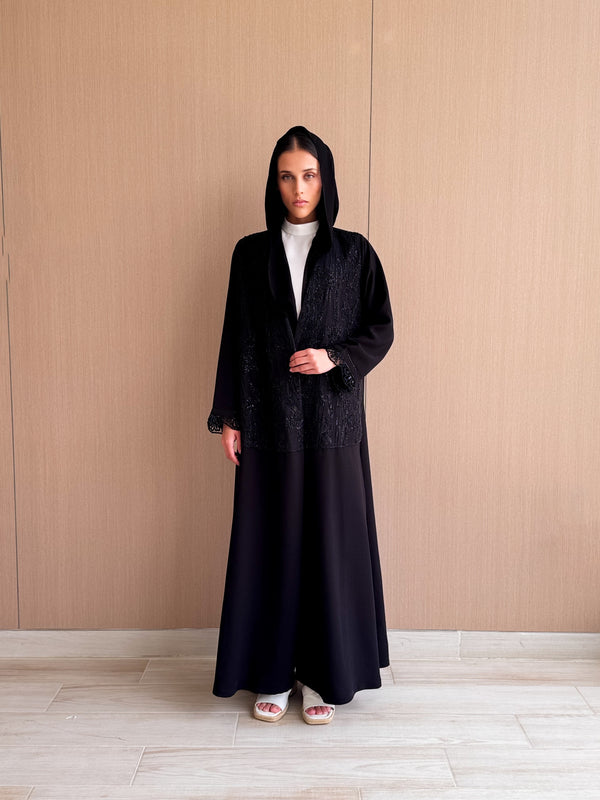 V Neck Straight Cut Abaya - Patch Work Black Bead Work