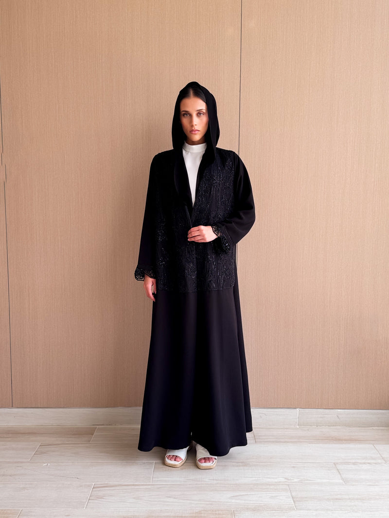 V Neck Straight Cut Abaya - Patch Work Black Bead Work