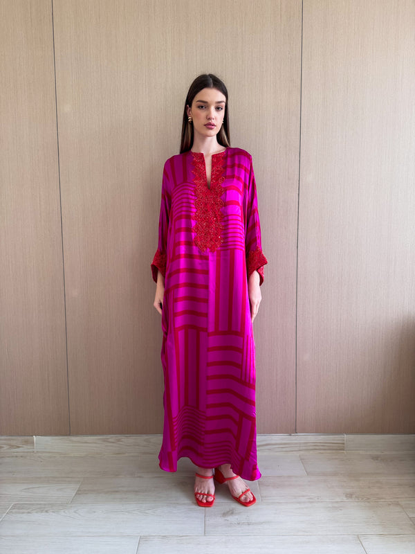 V Neck Kaftan - Bead Work on Neck and Sleeves - Soft Silk