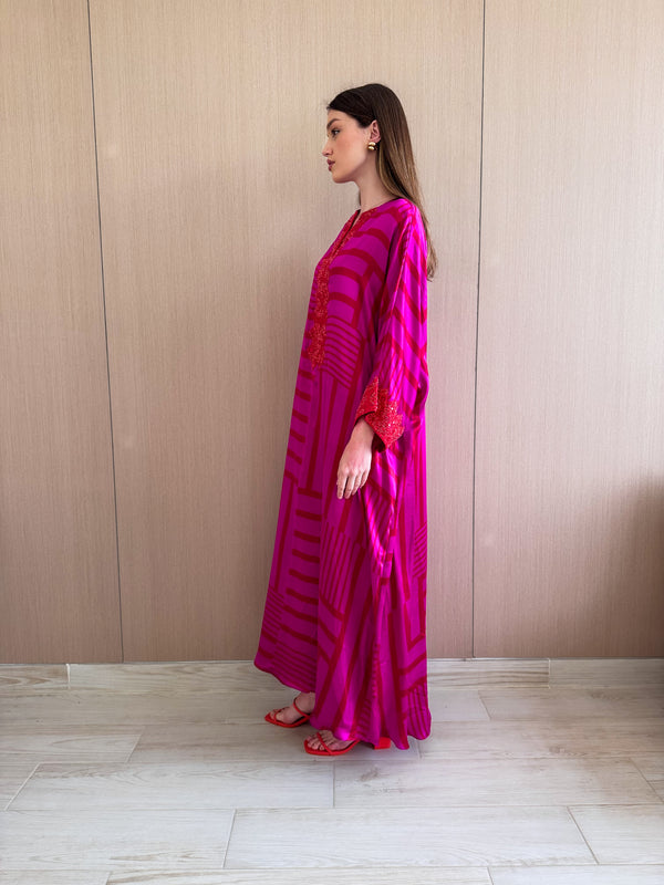 V Neck Kaftan - Bead Work on Neck and Sleeves - Soft Silk