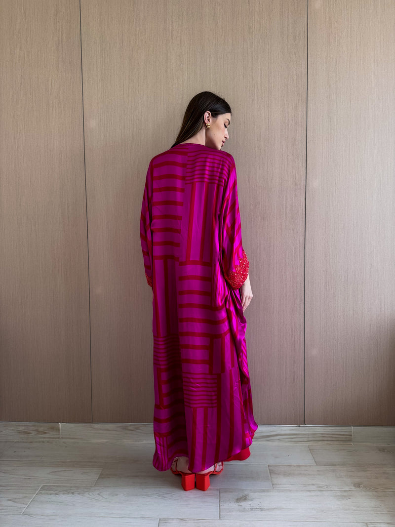 V Neck Kaftan - Bead Work on Neck and Sleeves - Soft Silk