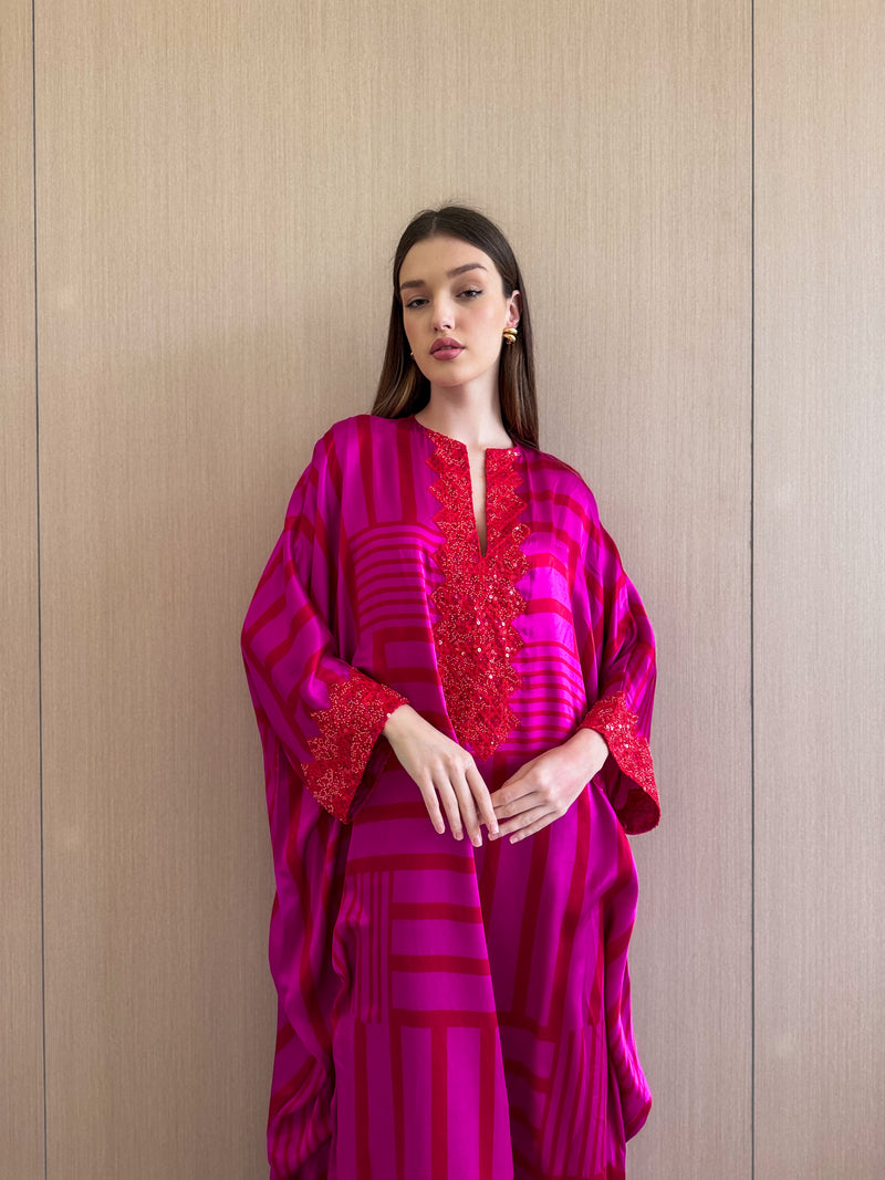 V Neck Kaftan - Bead Work on Neck and Sleeves - Soft Silk