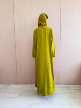 Zainah cut abaya in lime green silk floral embossed
