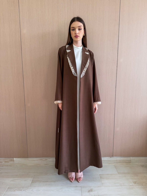 Notched collar abaya - beige ruffles lace on neck and sleeve