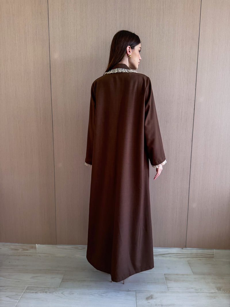 Notched collar abaya - beige ruffles lace on neck and sleeve