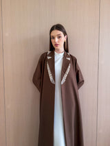 Notched collar abaya - beige ruffles lace on neck and sleeve