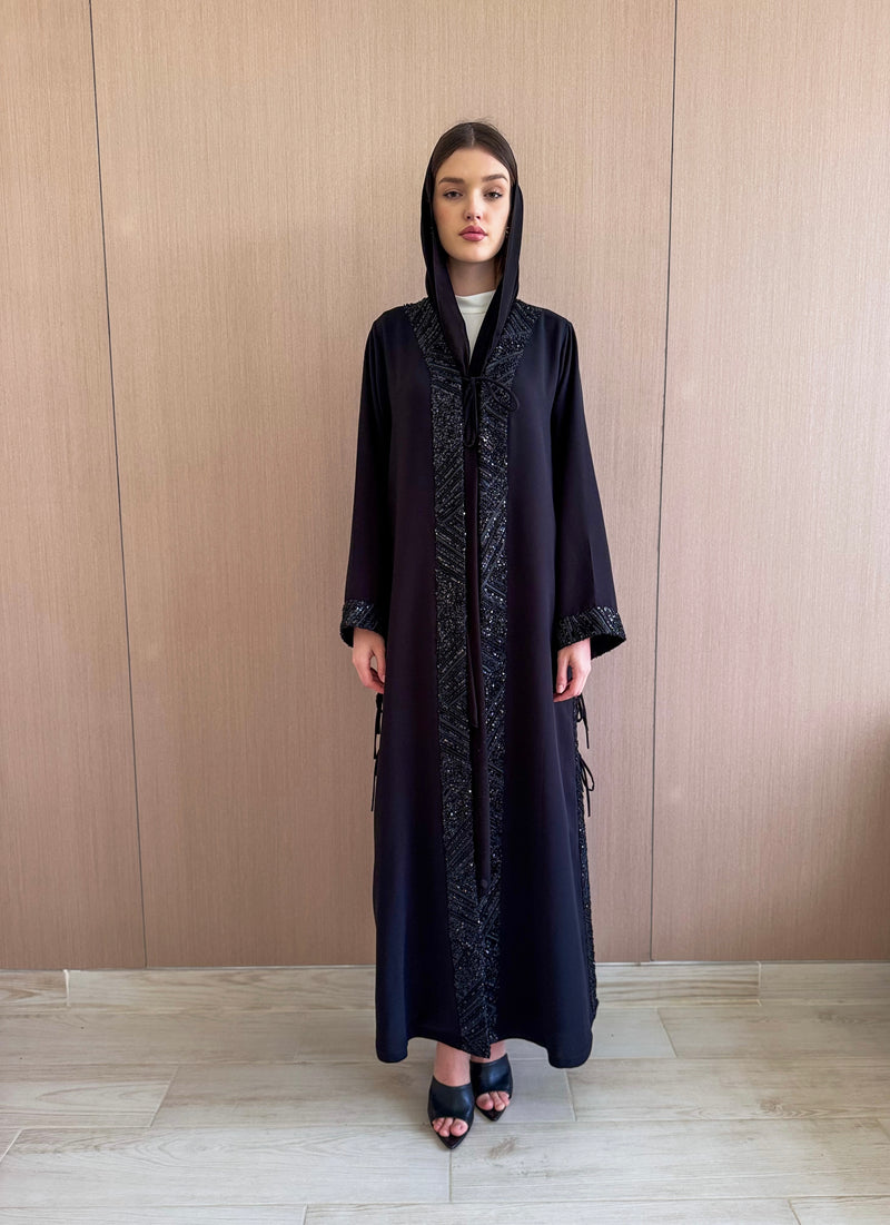 V Neck Abaya Black Lace on Front Sleeves and Slits