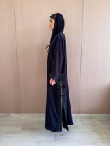 V Neck Abaya Black Lace on Front Sleeves and Slits
