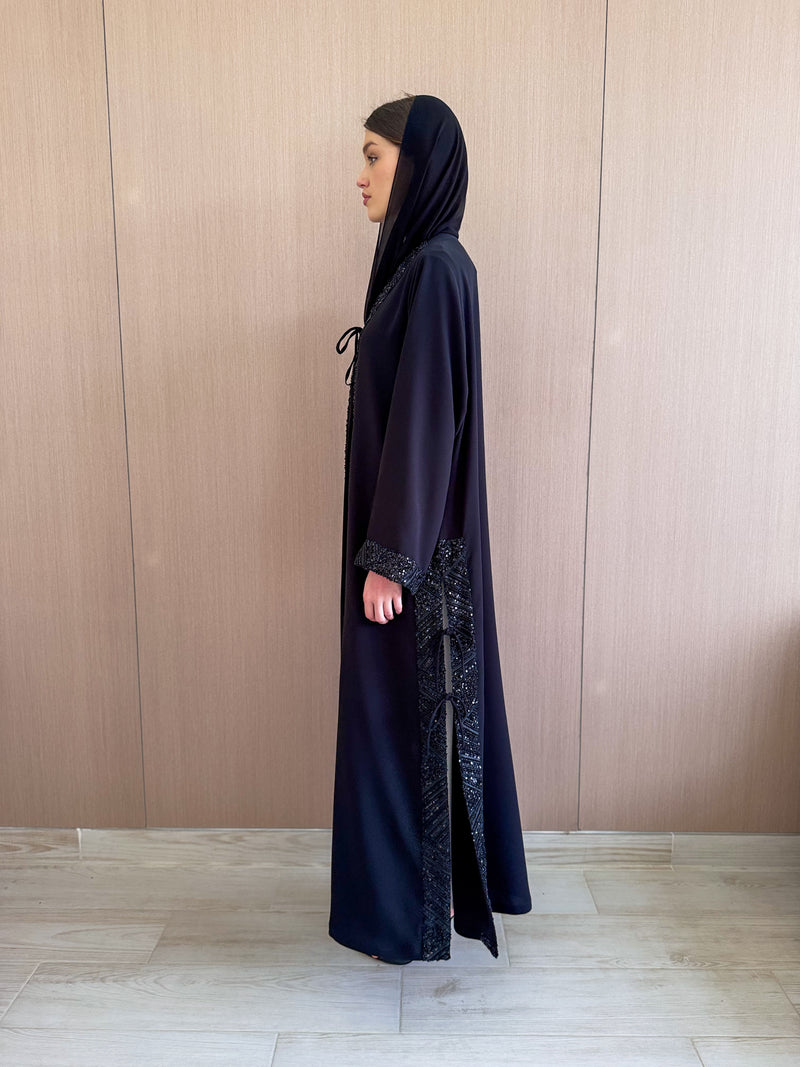 V Neck Abaya Black Lace on Front Sleeves and Slits