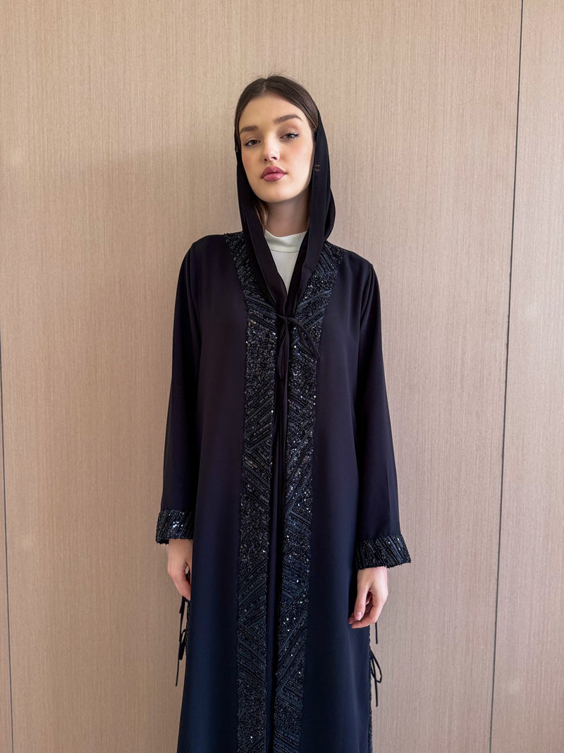 V Neck Abaya Black Lace on Front Sleeves and Slits