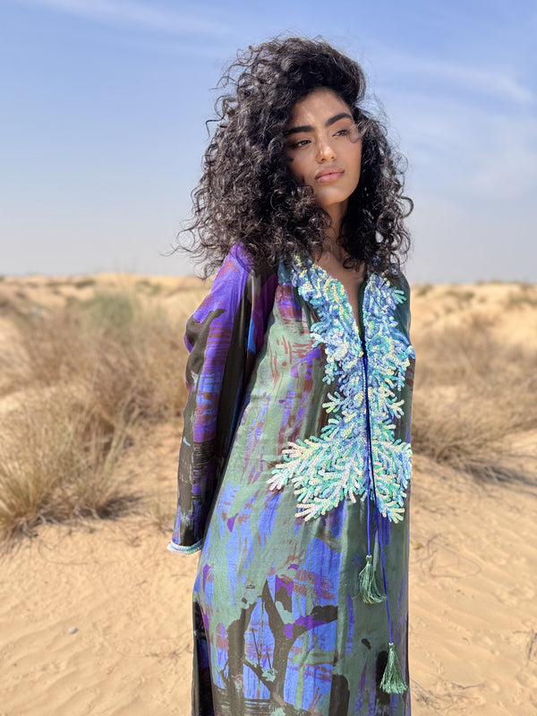 HF Kaftan(Limited)-in green With Purple Mix Pure Silk