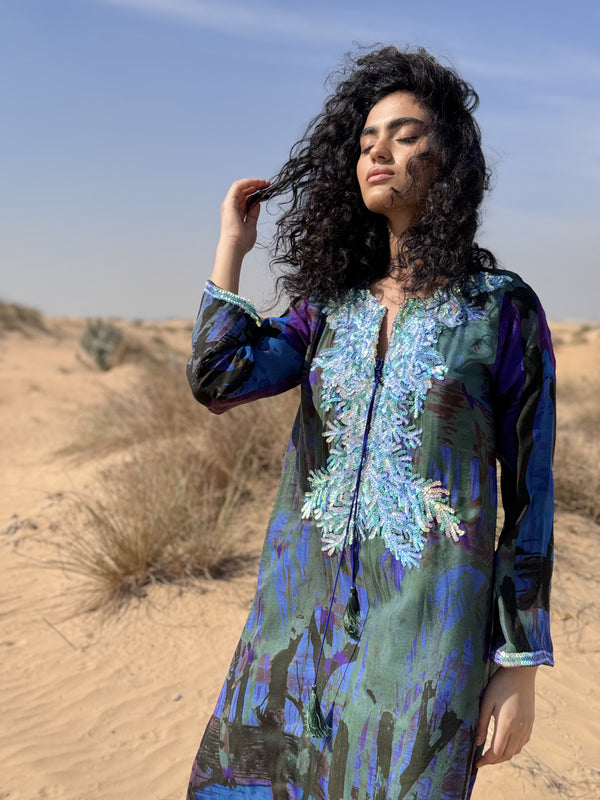 HF Kaftan(Limited)-in green With Purple Mix Pure Silk