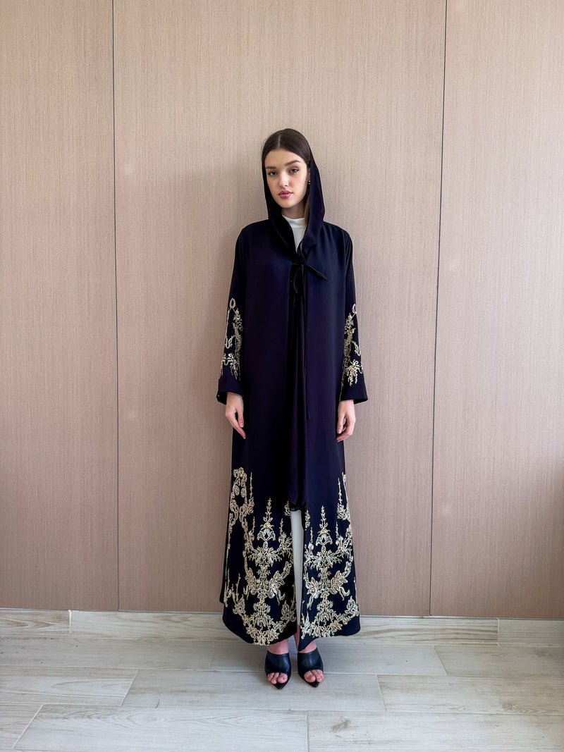 V-Neck Black Abaya With Gold Patch Lace