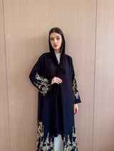 V-Neck Black Abaya With Gold Patch Lace