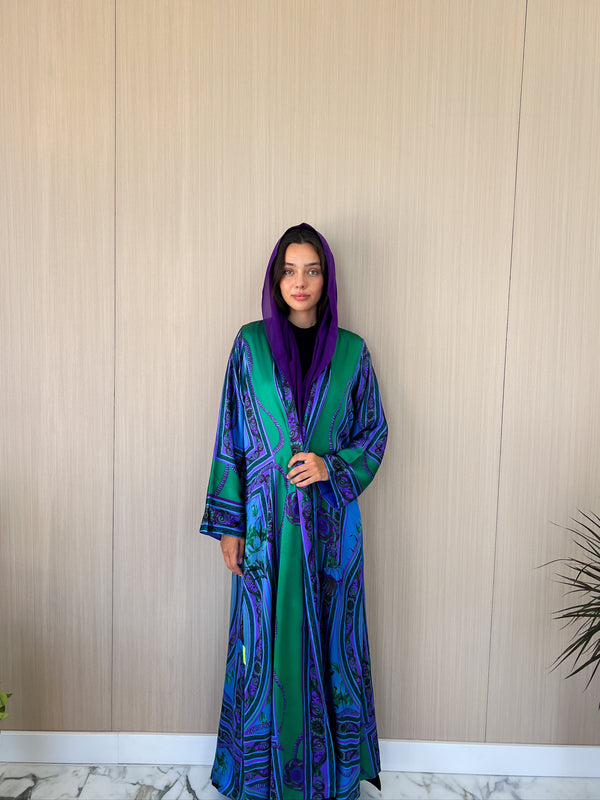 V neck abaya - green with purple strip silk