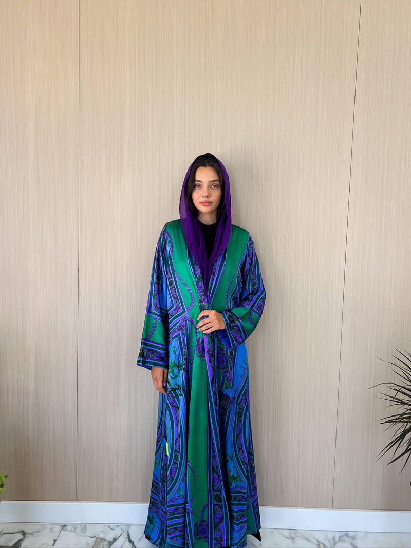 V neck abaya - green with purple strip silk