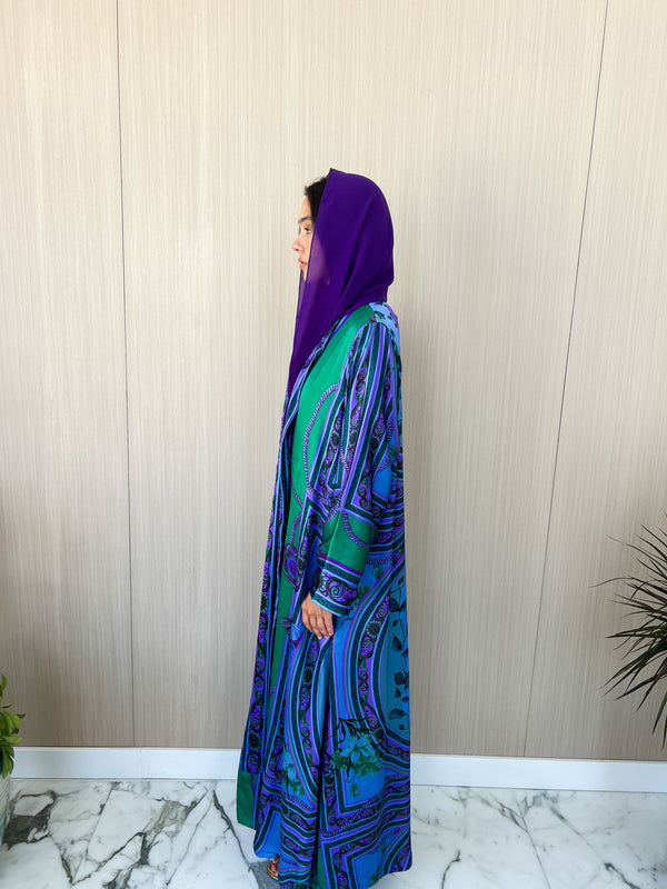 V neck abaya - green with purple strip silk