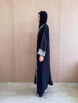 v-Neck black Abaya with Grey Dantil Lace on Front and Sleeves