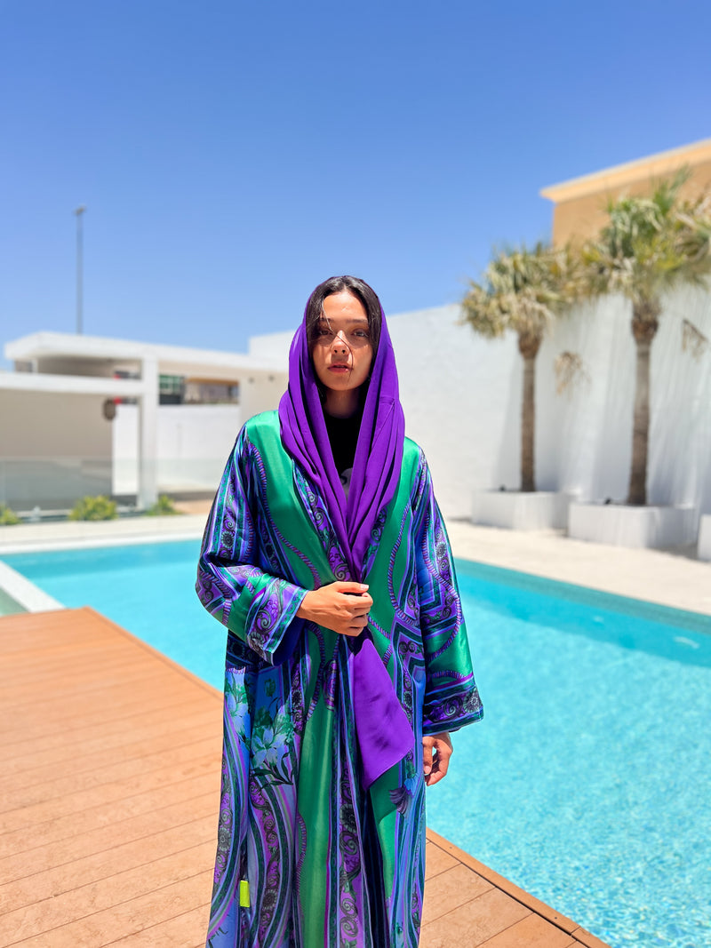 V neck abaya - green with purple strip silk