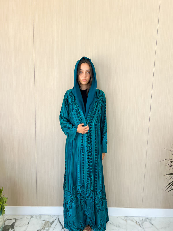 Zainah Cut Abaya in Sea Green with Black mix pure silk