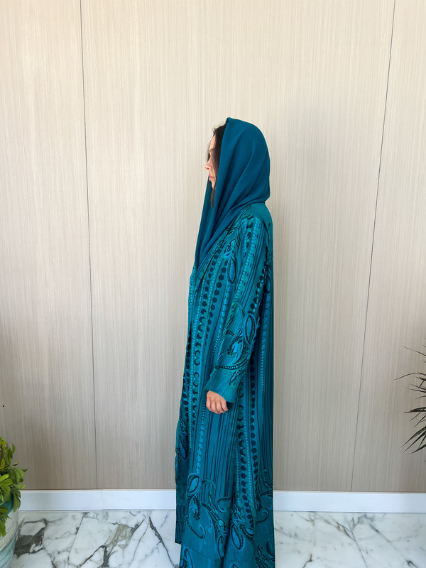 Zainah Cut Abaya in Sea Green with Black mix pure silk