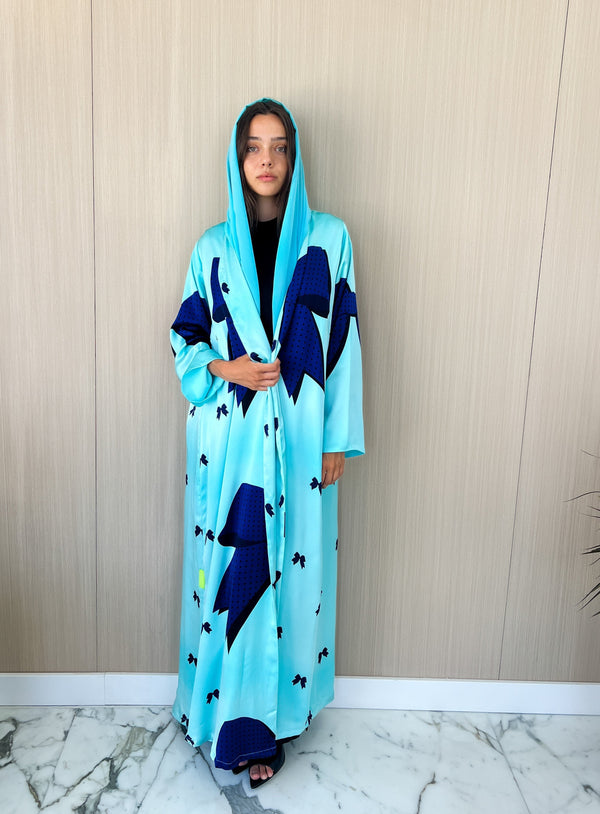 V neck abaya-bow printed baby blue silk