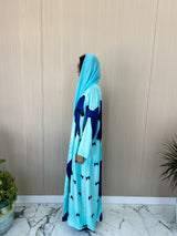 V neck abaya-bow printed baby blue silk