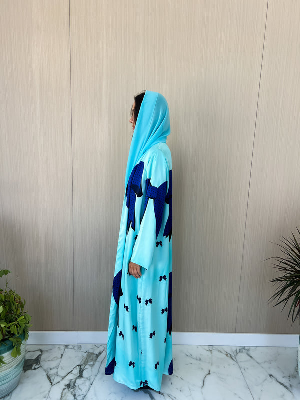 V neck abaya-bow printed baby blue silk