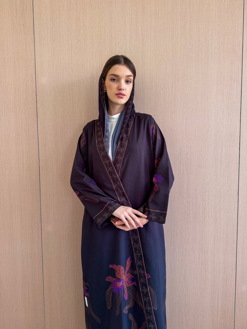 V-Neck Abaya with Printed border on front and sleeves