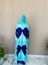 V neck abaya-bow printed baby blue silk