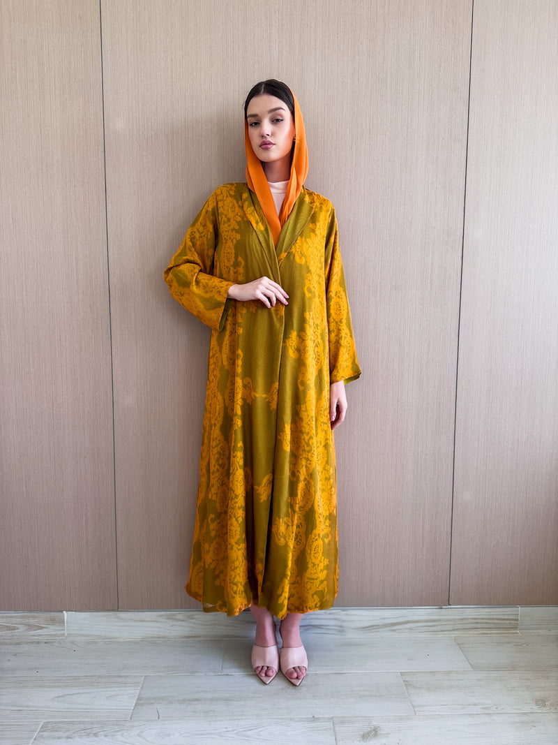 Zainah Cut Abaya in yellow with green flower mix print