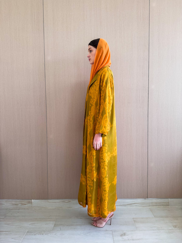 Zainah Cut Abaya in yellow with green flower mix print