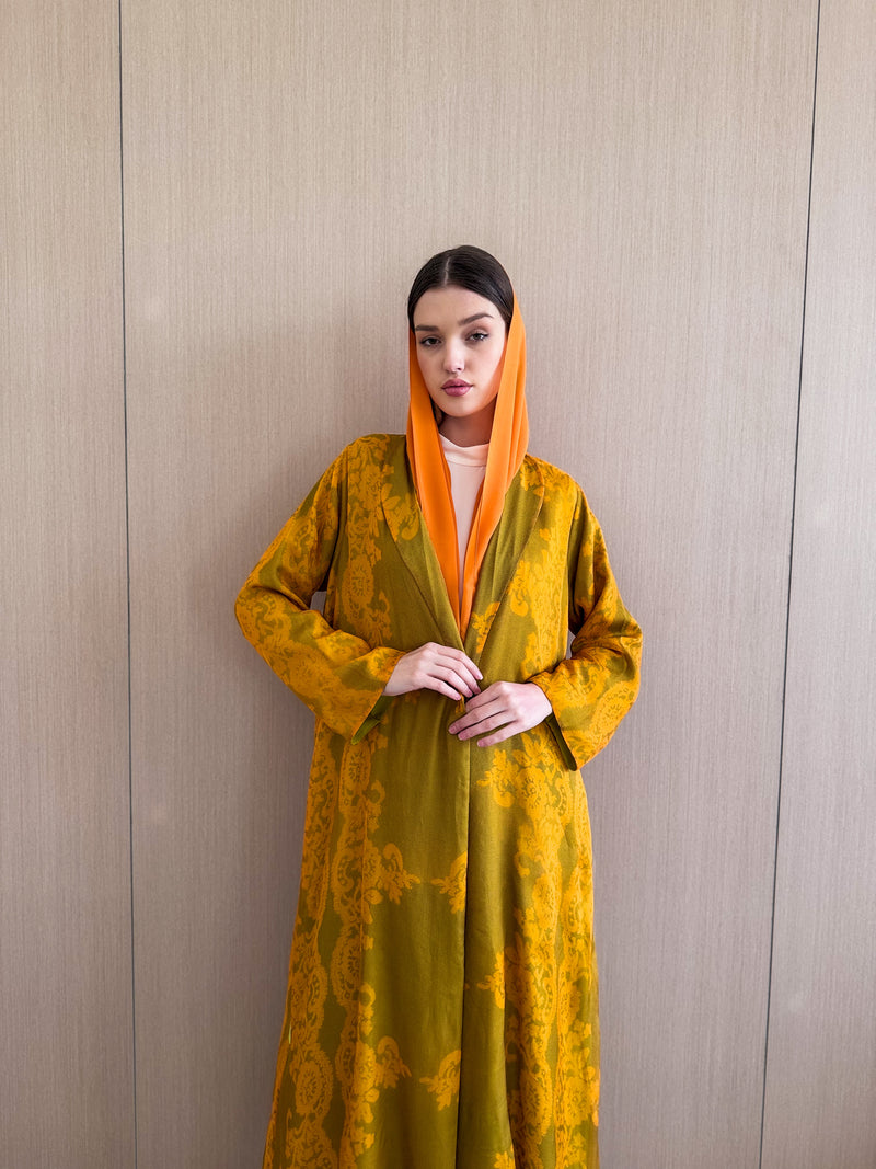 Zainah Cut Abaya in yellow with green flower mix print