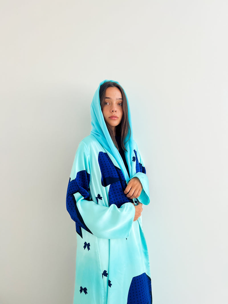 V neck abaya-bow printed baby blue silk