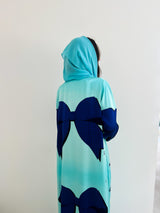 V neck abaya-bow printed baby blue silk