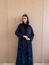 Zainah cut abaya in dark purple with light blue pure silk