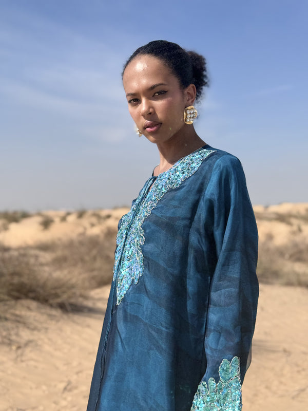 Black with blue Mix print organza Kaftan