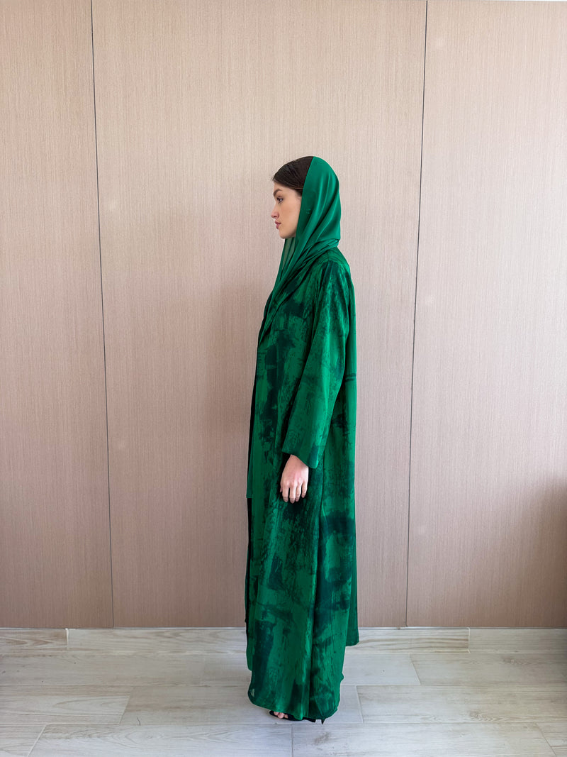 Zainah Cut Abaya in Bright Green and Dark green Wave Mix Color Print
