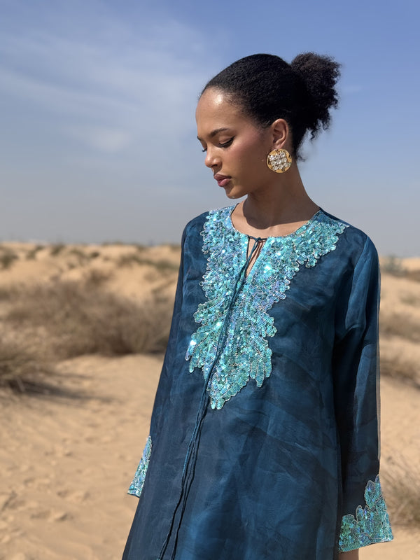 Black with blue Mix print organza Kaftan