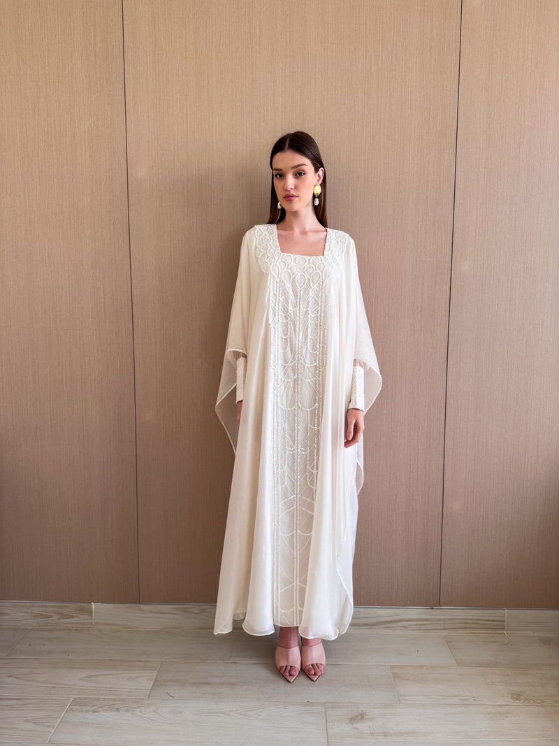 Double Layer Box Neck Kaftan With Off White Bead