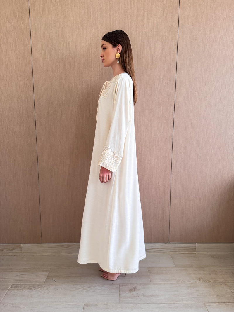 Round v neck kaftan with off white pearl lace