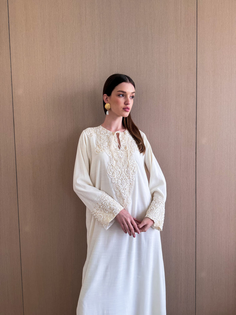 Round v neck kaftan with off white pearl lace