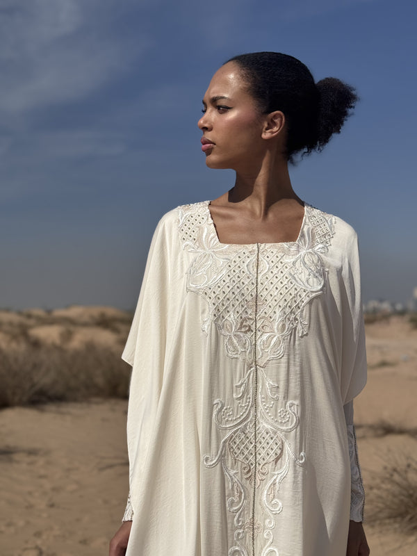 Box Neck Kaftan With White Floral Lace