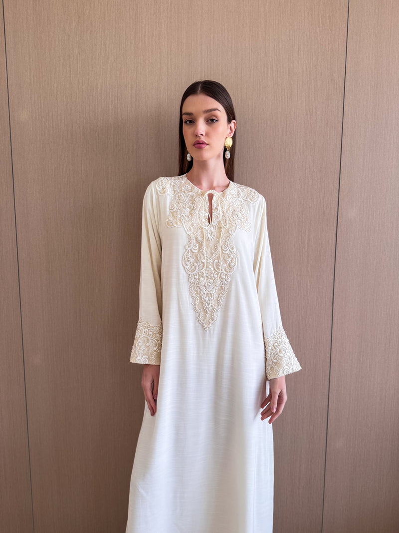 Round v neck kaftan with off white pearl lace