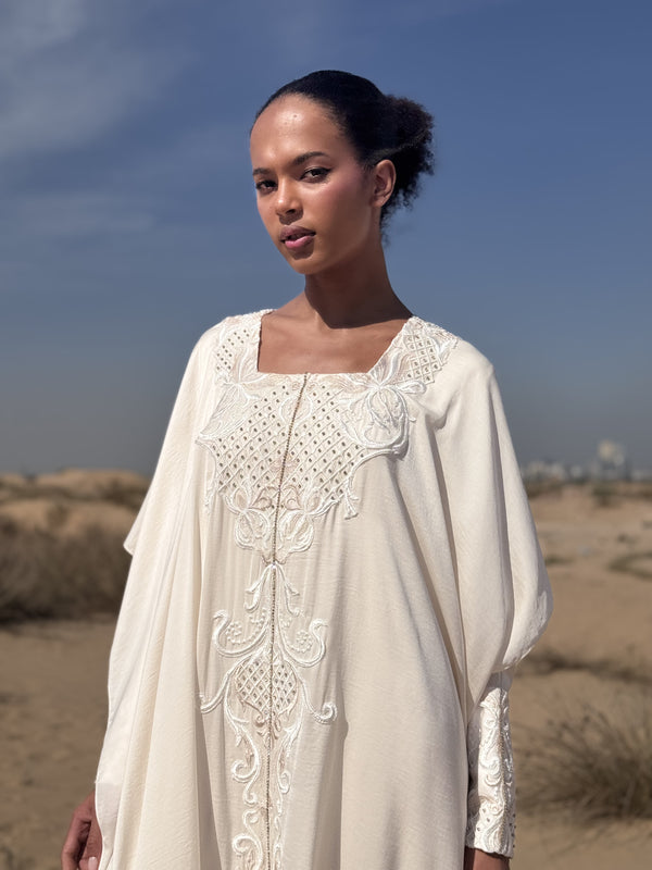 Box Neck Kaftan With White Floral Lace